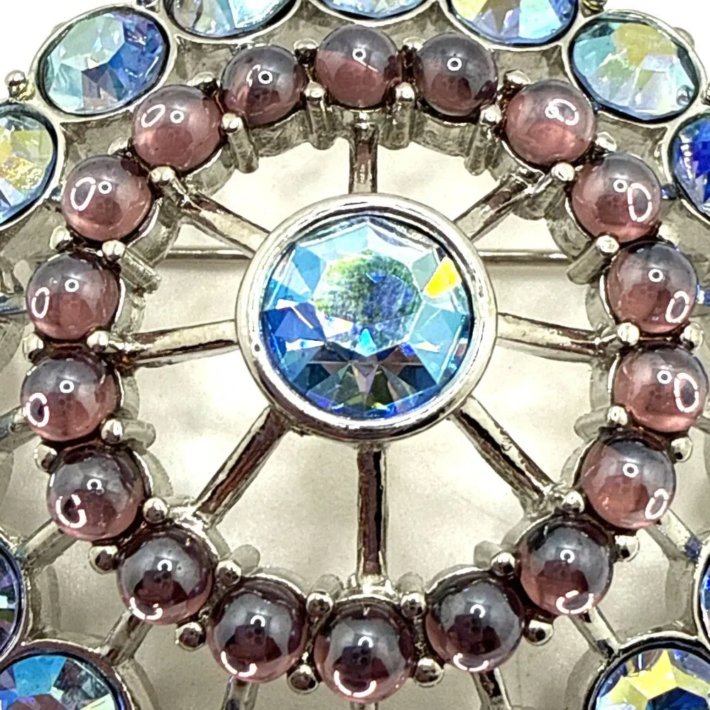 Vintage Blue Aurora Borealis Rhinestone Brooch Purple Moonstone Accents 2 1/8